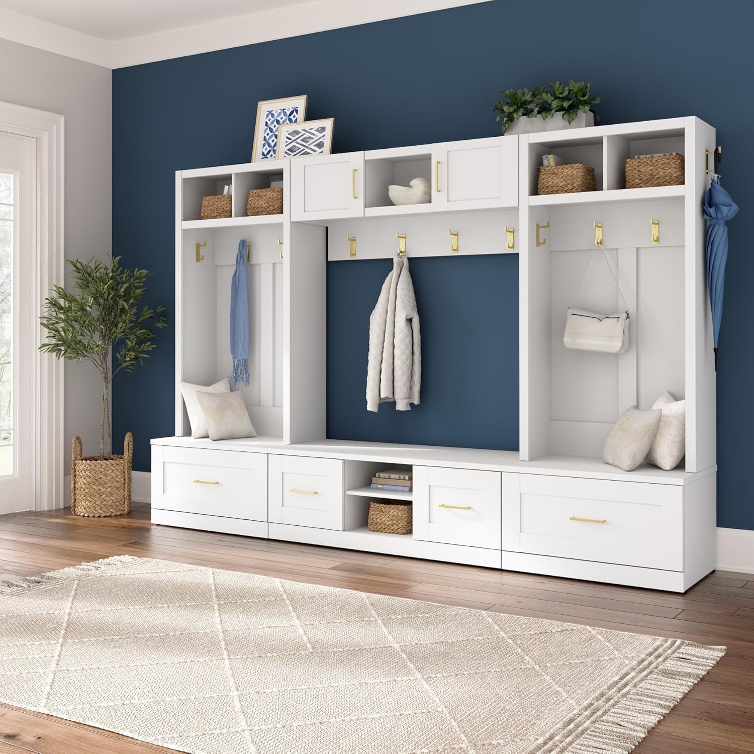 Bush Furniture Hampton Heights Full Entryway Storage Set with Coat Rack, Hall Trees, and Shoe Benches with Doors and Drawers in White | Foyer