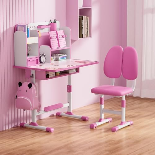 Kids Desk and Chair Set,Height Adjustable Children School Study Table and Chair Set with Sitting Corrector,Desk Chair with Book Stand, Foot Pedal