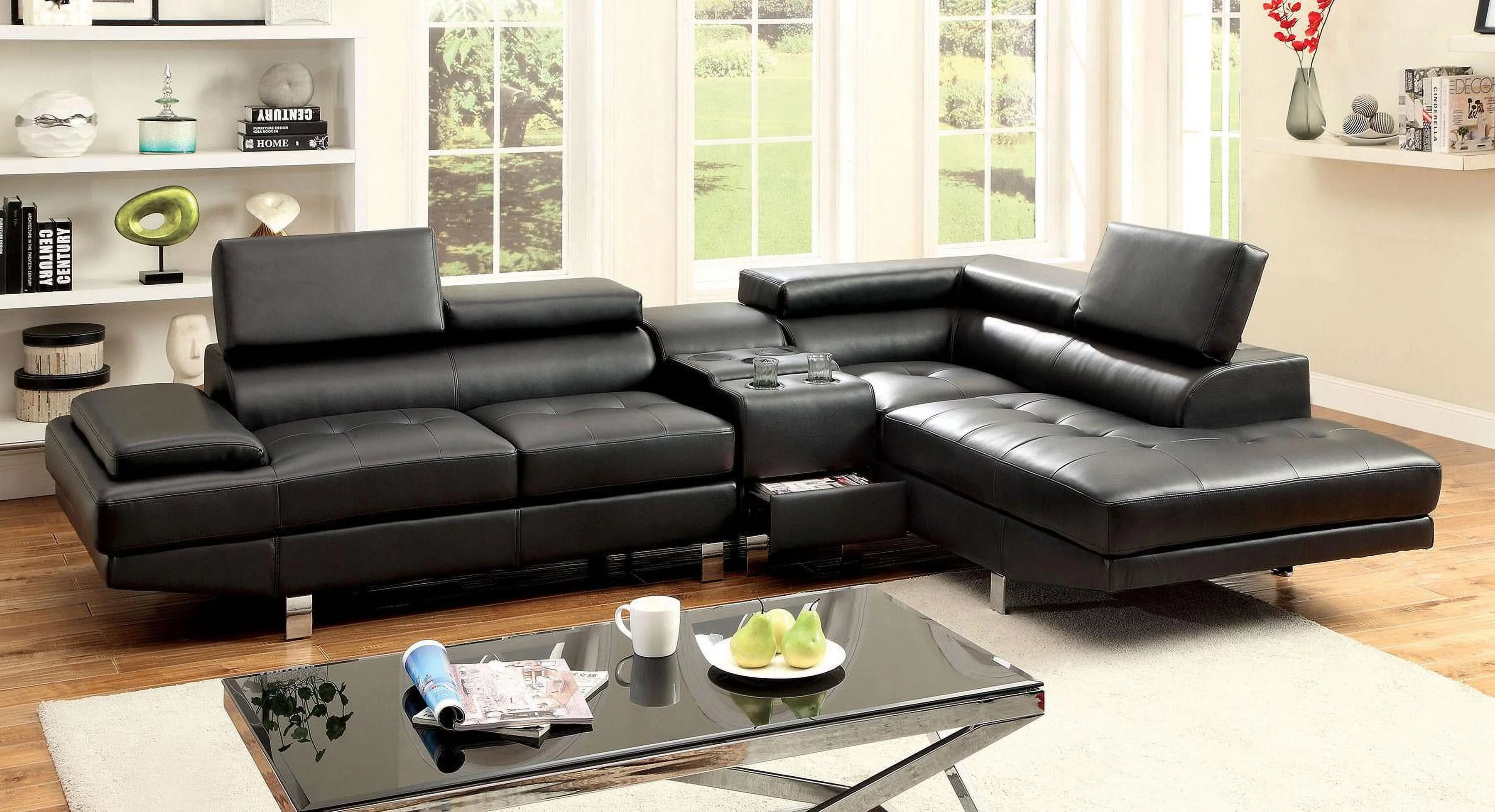 Contemporary Black Bonded Leather Sectional Sofa and Speaker Console FOA Kemina
