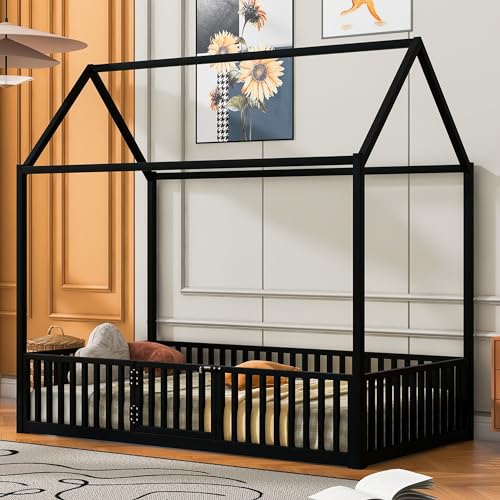 Merax Twin Size Montessori Floor Bed, Metal House Bed Frame with Roof for Kids, Teens, Girls, and Boys, No Box Spring Needed, Black