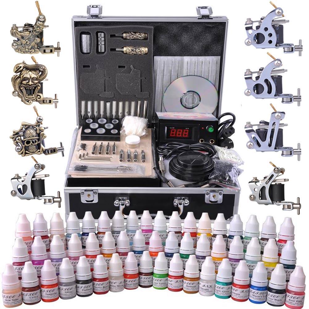 Complete Tattoo Kit 54 Color Ink 8 Machine Guns Set LCD Power Supply Equipment - Megean