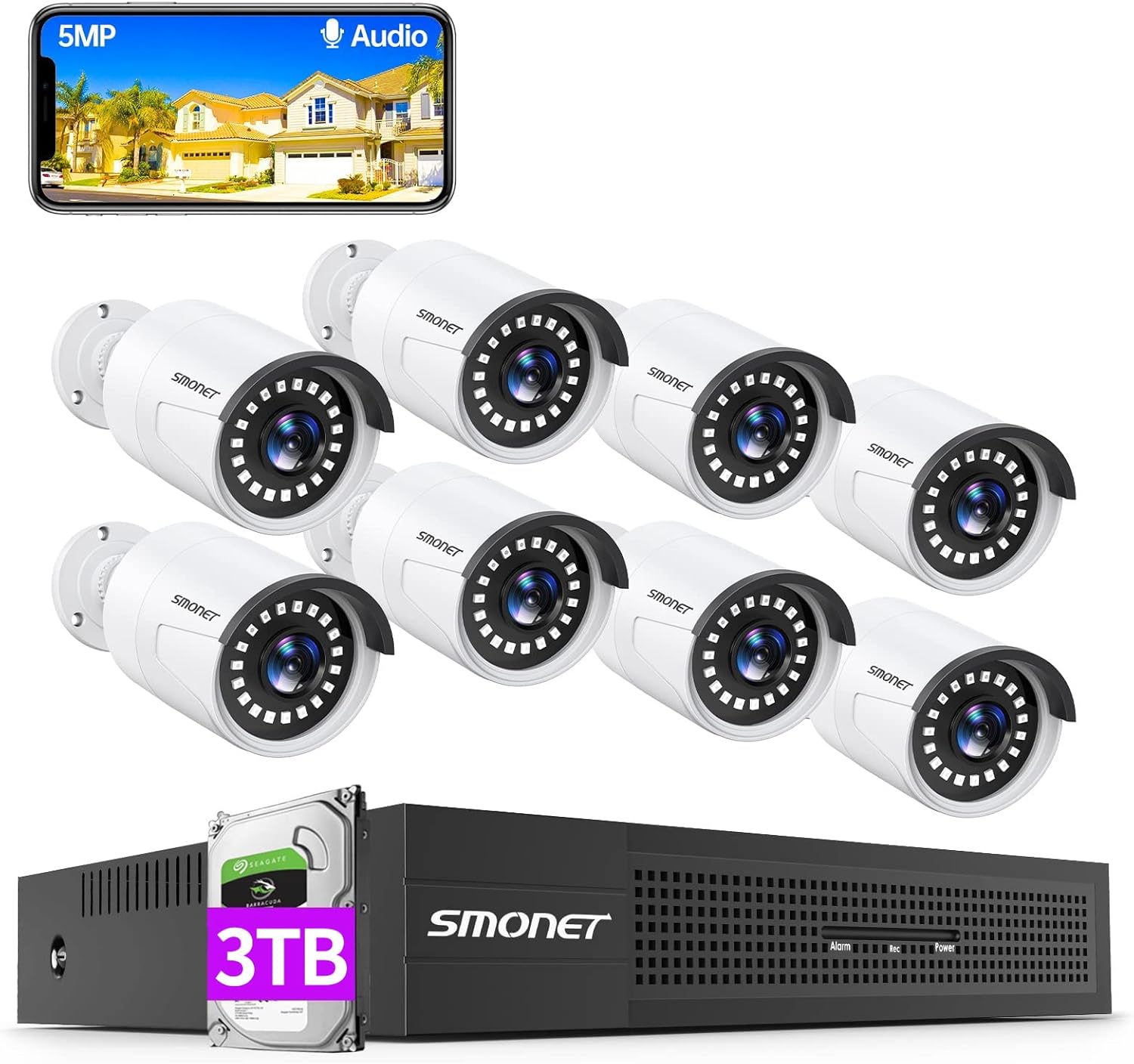 CCTV Camera Security System PoE with Audio,Smonet 8CH 5MP Home Surveillance NVR Kits 3TB Hard Drive,Clearer Than DVR