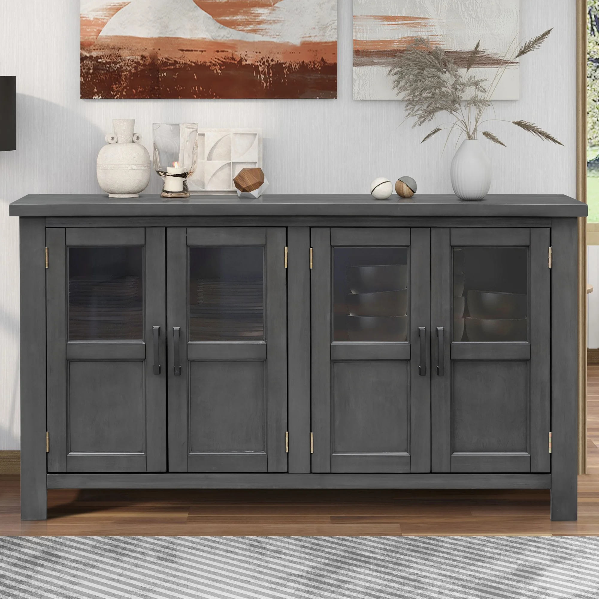Buffet Cabinet with 4 Doors, Farmhouse Storage Cabinet, Atumon Storage Cabinet with Adjustable Shelves and Metal Handles