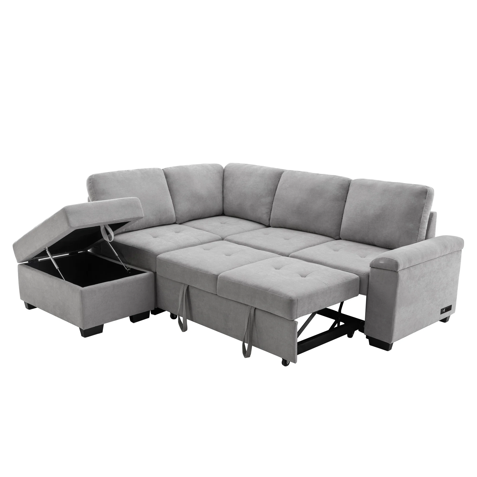 CoSoTower Sleeper Sectional Sofa, L-Shape Corner Couch Sofa-Bed with Storage Ottoman and Hidden Arm Storage and USB Charge for Living Room Apartment