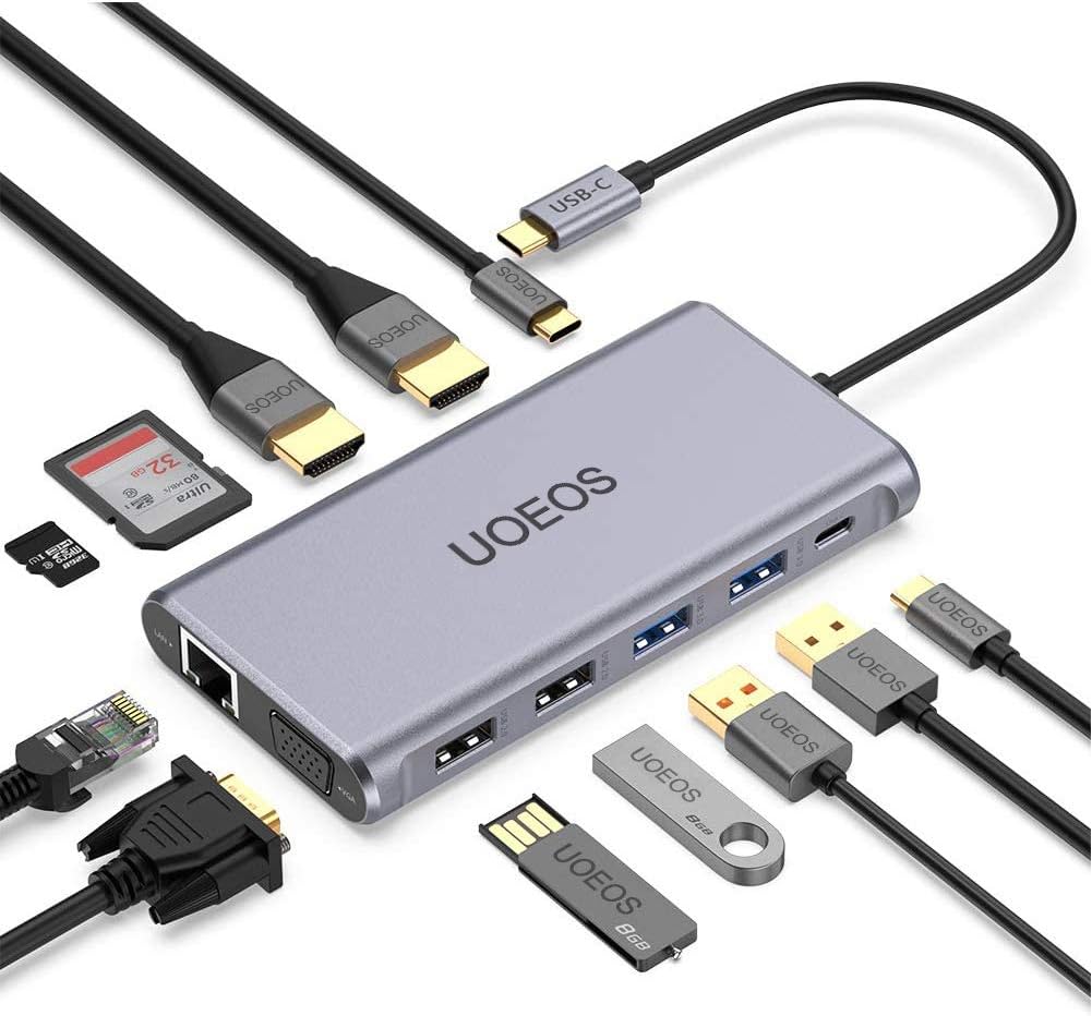 USB C Docking Station,UOEOS USB C to Dual HDMI Adapter,Type-C Laptop Docking Station Triple Display Monitor 1080P VGA,100W PD, Ethernet, Card Reader