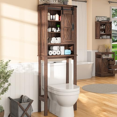 Farmhouse Over The Toilet Storage Cabinet, 68" Tall Bathroom Storage Cabinet with Sliding Barn Door & Adjustable Shelves