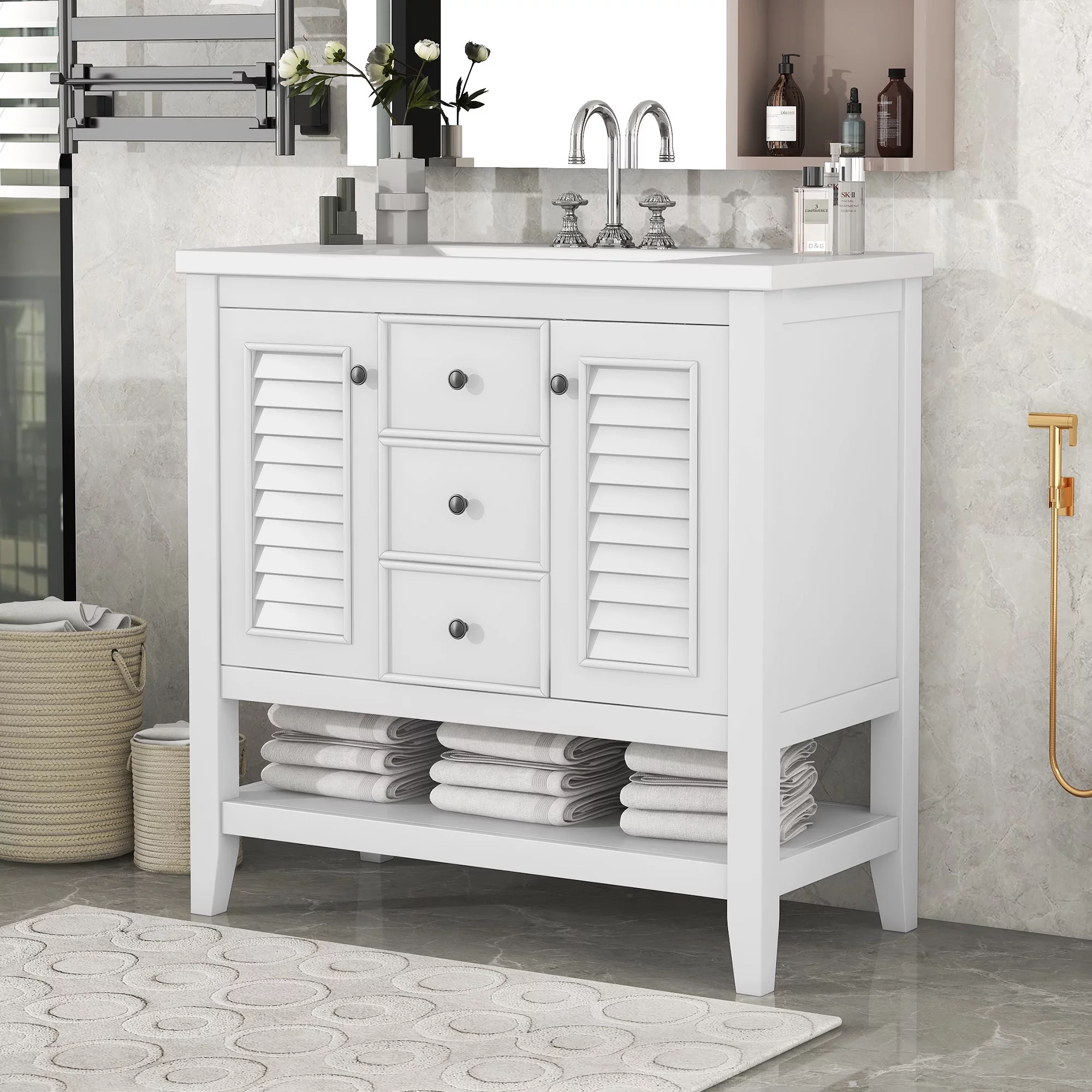EUROCO 36" Bathroom Vanity with Ceramic Basin,Modern Freestanding Bathroom Storage Cabinet with 3 Drawers , 2 Doors and Open Shelf,Solid Wood Frame