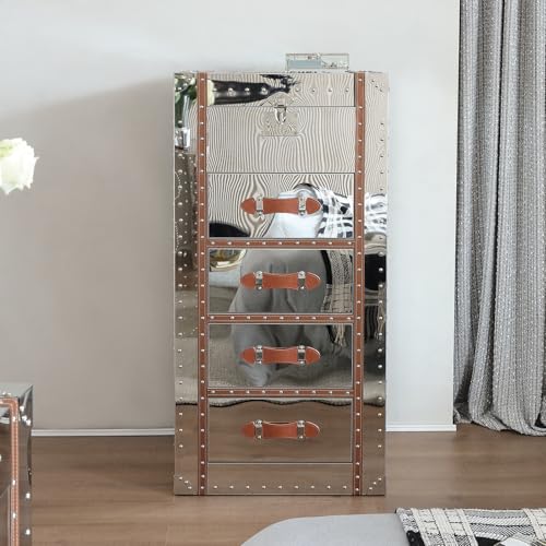 Mid-Century Modern Tall Dresser with Flip Top Mirror Metal Clad Antique Chest of Drawers for Bedroom 5 Drawers Storage Tower Organizer for Living