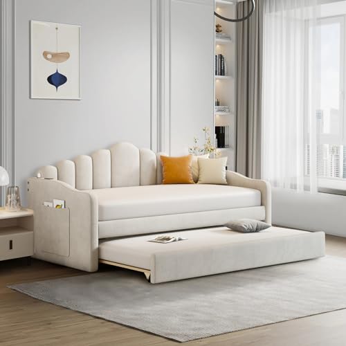 Twin Size Daybed with Trundle, Velvet Day Bed Frame with 2 USB Charging Ports, No Box Spring Needed