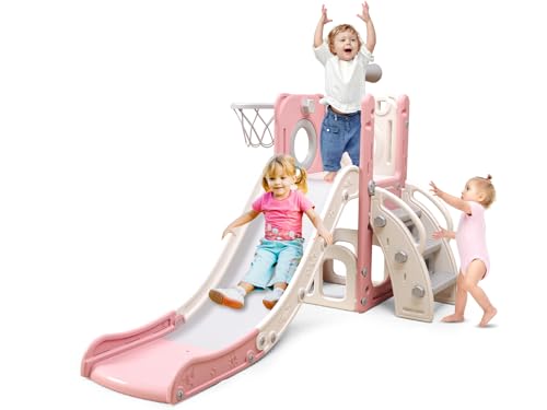 6 in 1 Toddler Playset with Slide, Kids Slide with Basketball Hoop, Ball, Ring Toss, Indoor Outdoor Toys (White Grey)