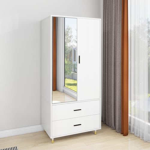 Armoire Wardrobe Closet with Hanging Rod 2 Doors 2 Drawers Mirror and Shelves for Bedroom Storage Organization Large Capacity Organizer for Clothes