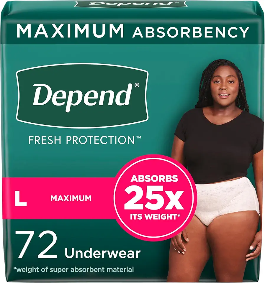 Depend Fresh Protection Adult Incontinence & Postpartum Bladder Leak Underwear for Women, Disposable, Maximum, Large, Blush, 72 Count (2 Packs of 36)