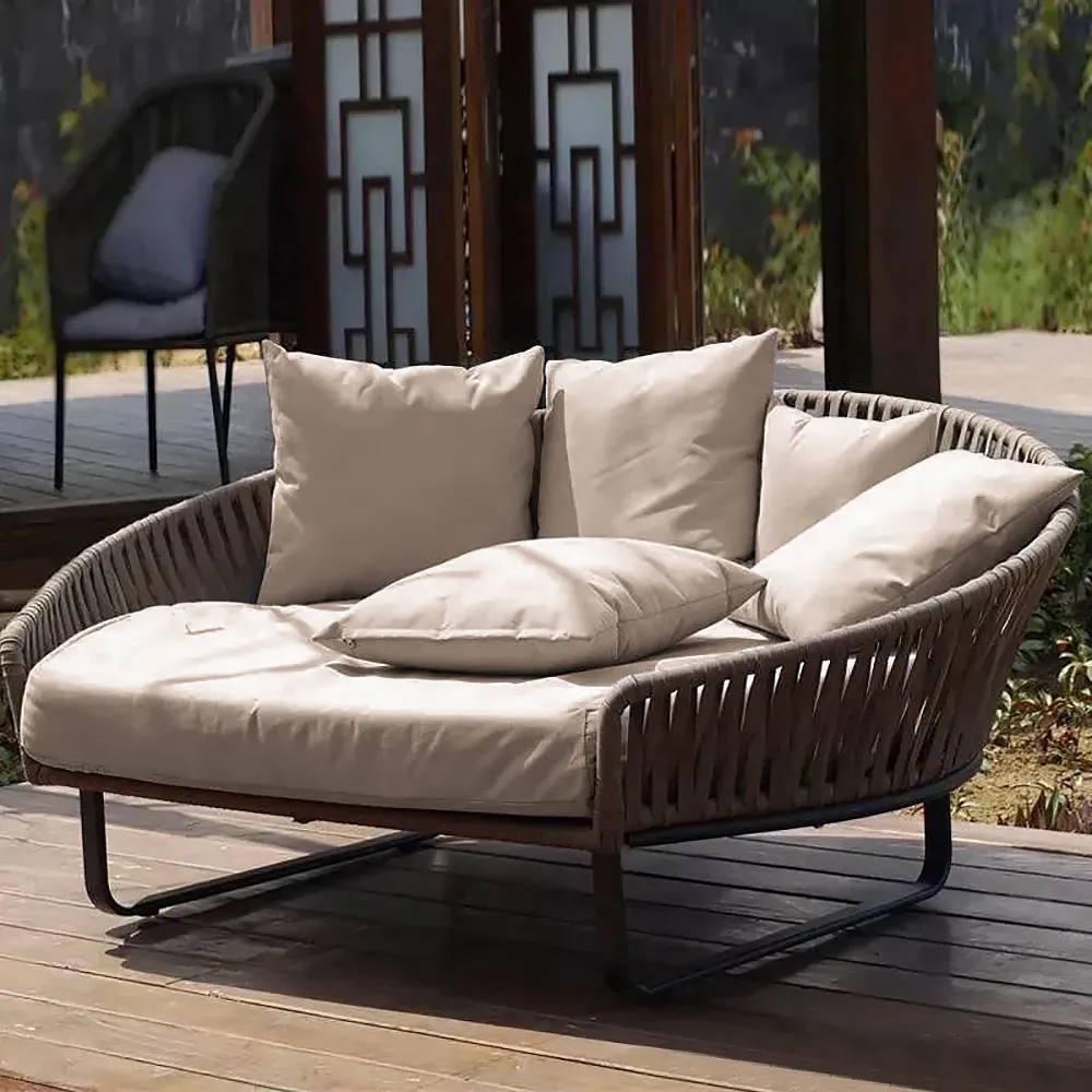 63" Rattan outdoor sofa bed with khaki pillows aluminum frame; A clearance sale