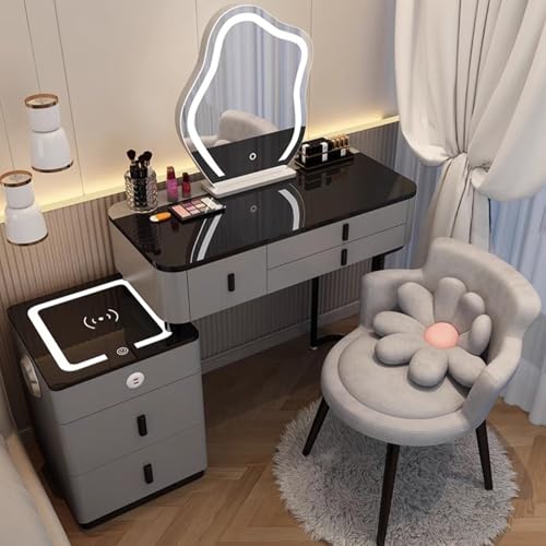 Vanity Mirror with Lights and Desk,Vanity Makeup Table Set,Makeup Vanity Table Wit Round 3-Colors Lights,with Cushioned Stool