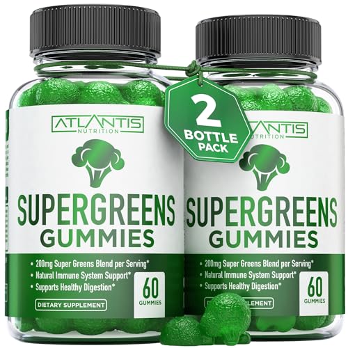 Supergreens Gummies 2-Pack Daily Green Superfoods Supplement w/Spinach, Broccoli, Moringa, Beet Root, Celery, Green Tea, & Acai for Immunity Support