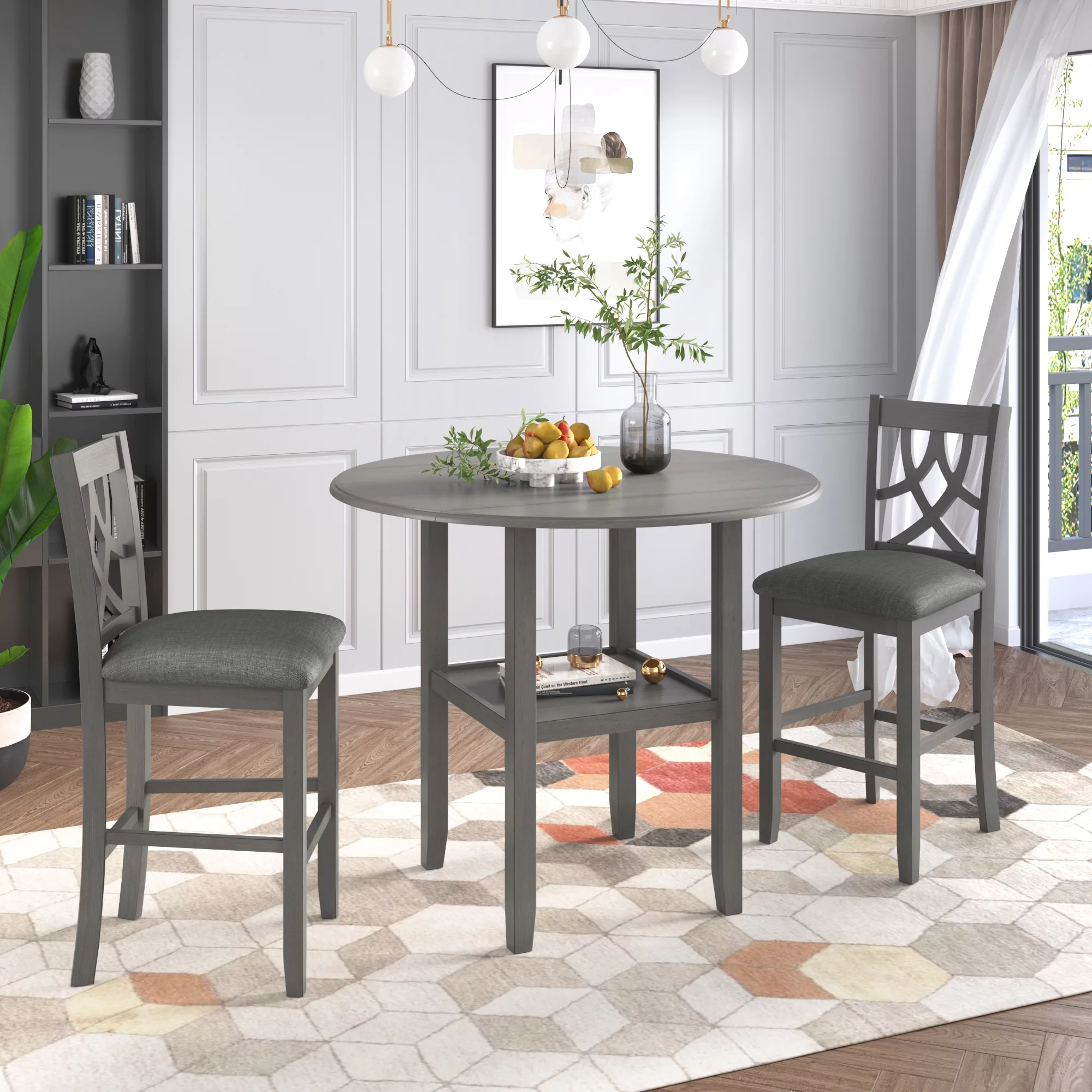 3 Piece Kitchen Nook Dining Table Set, Wooden Drop Leaf Table and 2 Dining Chairs, Counter Height Dining Set with Storage, Gray, D8315