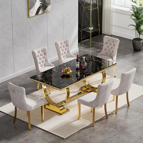 7 Piece Marble Dining Table Set for 6, Luxury White Marble Gold Kitchen Table with 6 Grey Velvet Upholstered Chairs