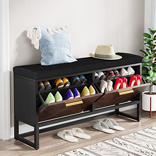 Tribesigns Shoe Storage Bench with Seat Cushion, Entryway Shoe Bench with 2 Flip Drawers, Hallway Bench with Shoe Storage Cabinet
