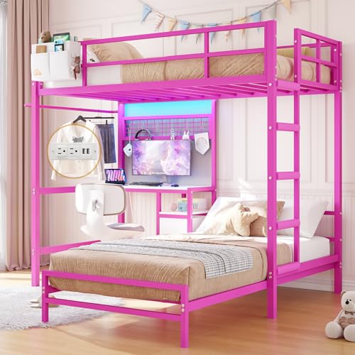 DICTAC Twin Over Twin Size Bunk Bed with Desk and Charging Station Metal Loft Bed with Led Lights & Storage Shelves and Drawers L-Shaped Bunk Bed for
