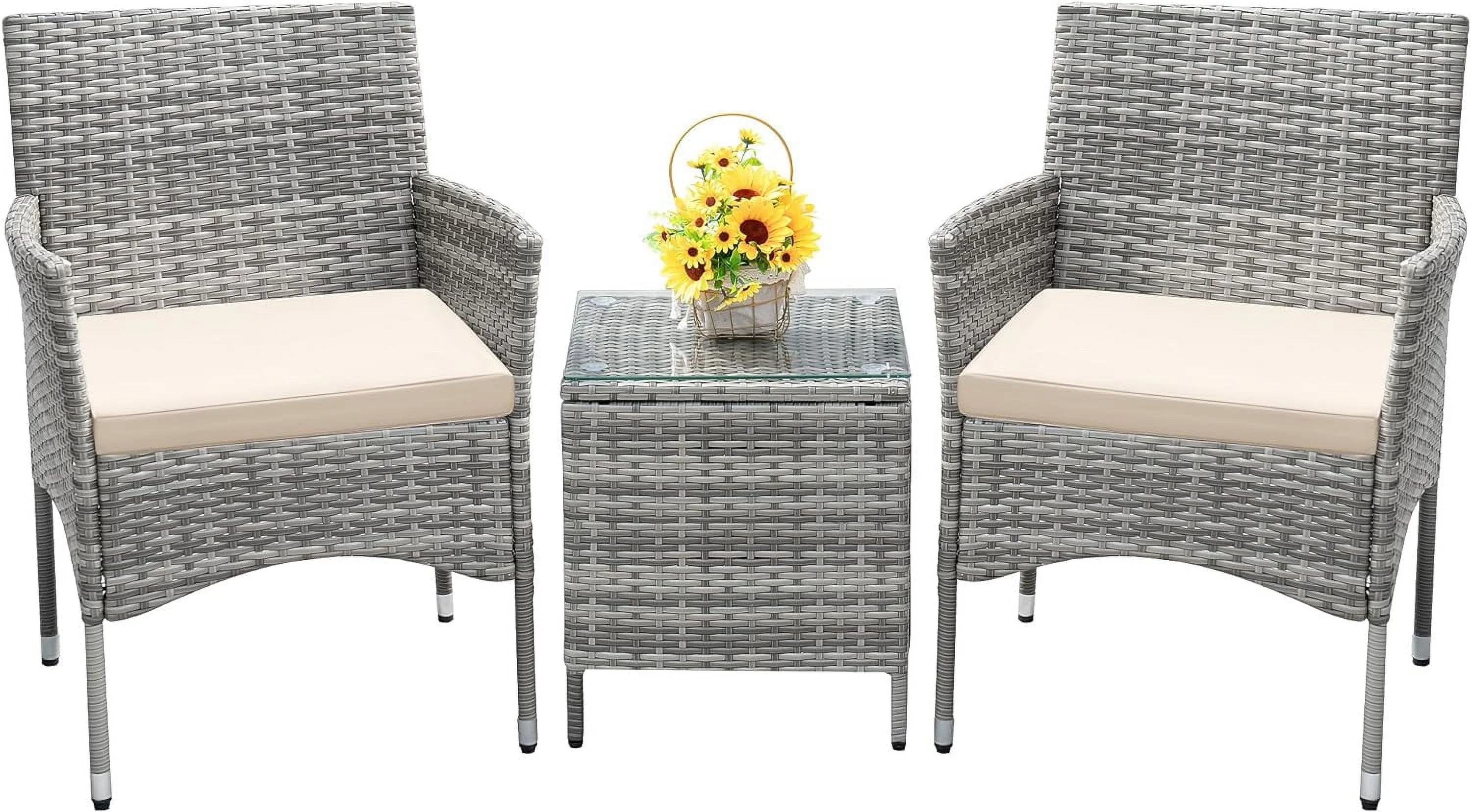 3 Pieces Patio Furniture Sets Clearance PE Rattan Wicker Chairs with Table Outdoor Garden Porch Furniture Sets (Light Grey) - Curated Treasures Market