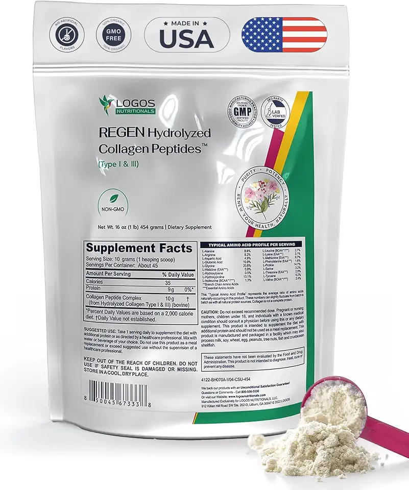 Regen Hydrolyzed Collagen Peptides Powder - 16 oz | Grass-Fed Bovine Collagen Type 1 and 3 Promotes Joint Hair, Nails, Bone & Skin Health | Non-GMO