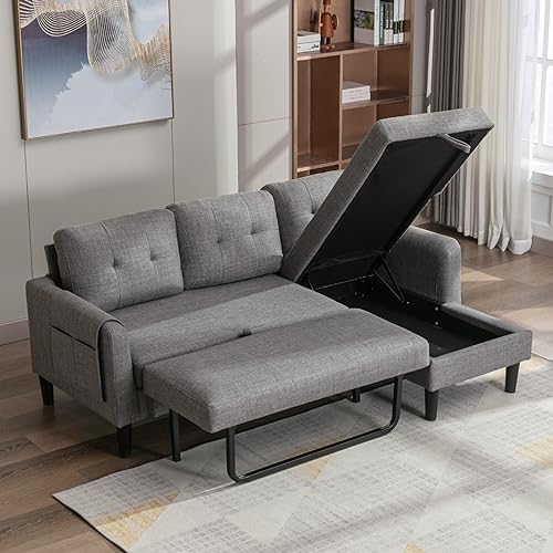 Modular Sectional Sofa with Storage Chaise, Pull Out Sleeper Sofa Bed with Chaise
