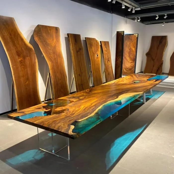 Customized Large Epoxy Table,Blue Live Edge, Wooden Transparent Green Look, Resin Dining Table for 2, 4, 6, 8, Epoxy Coffee Table, Living Room Table