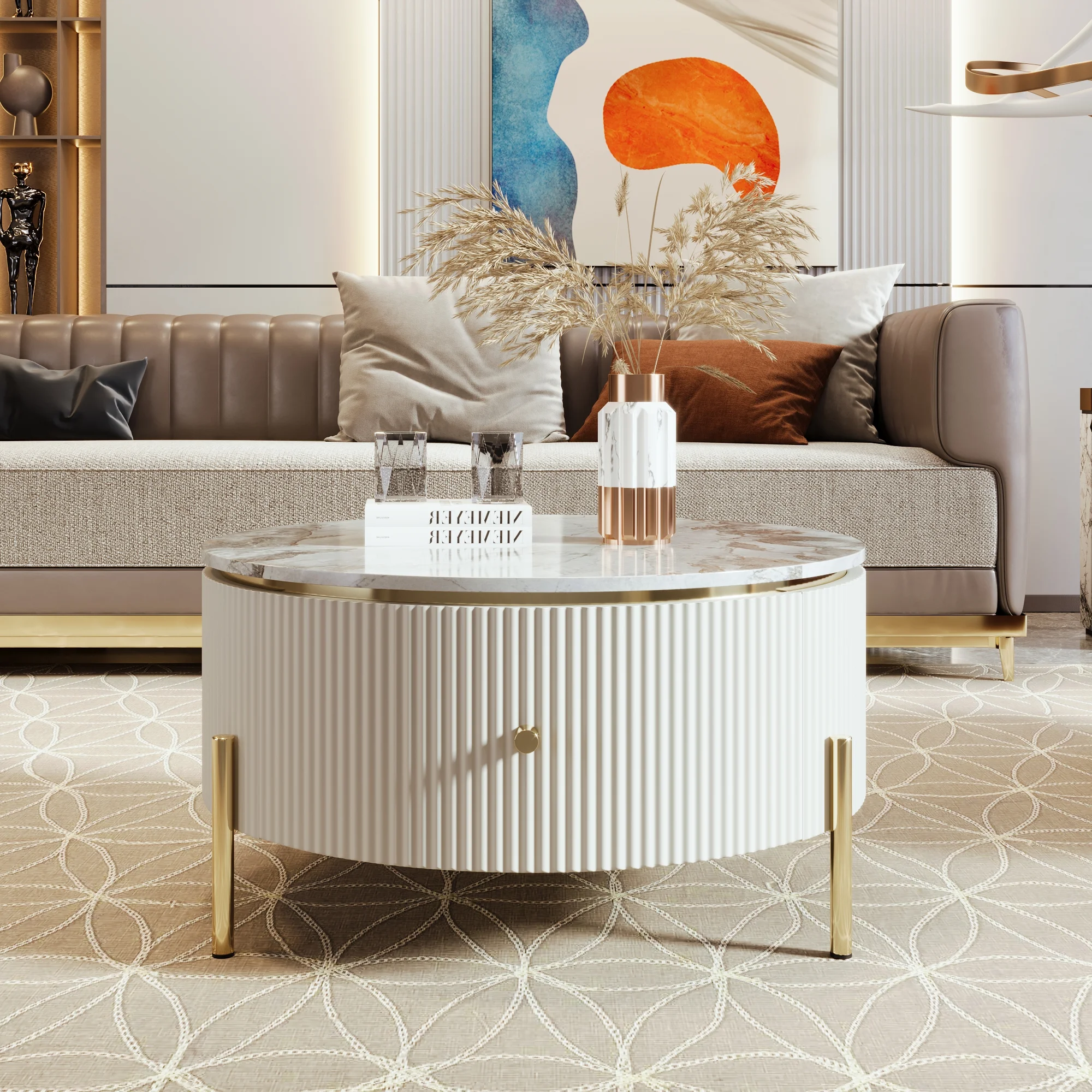 CoSoTower Modern Round Coffee Table with 2 Large Drawers Storage Accent Table(31.5'')