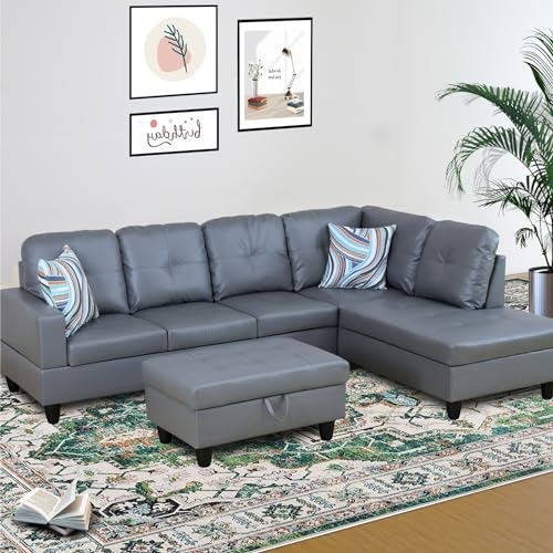 Faux Leather Sectional Sofa Couch with Storage Ottoman, L Shaped Couches for Living Room Furniture Sets、Offices、Apartments Furniture Sets