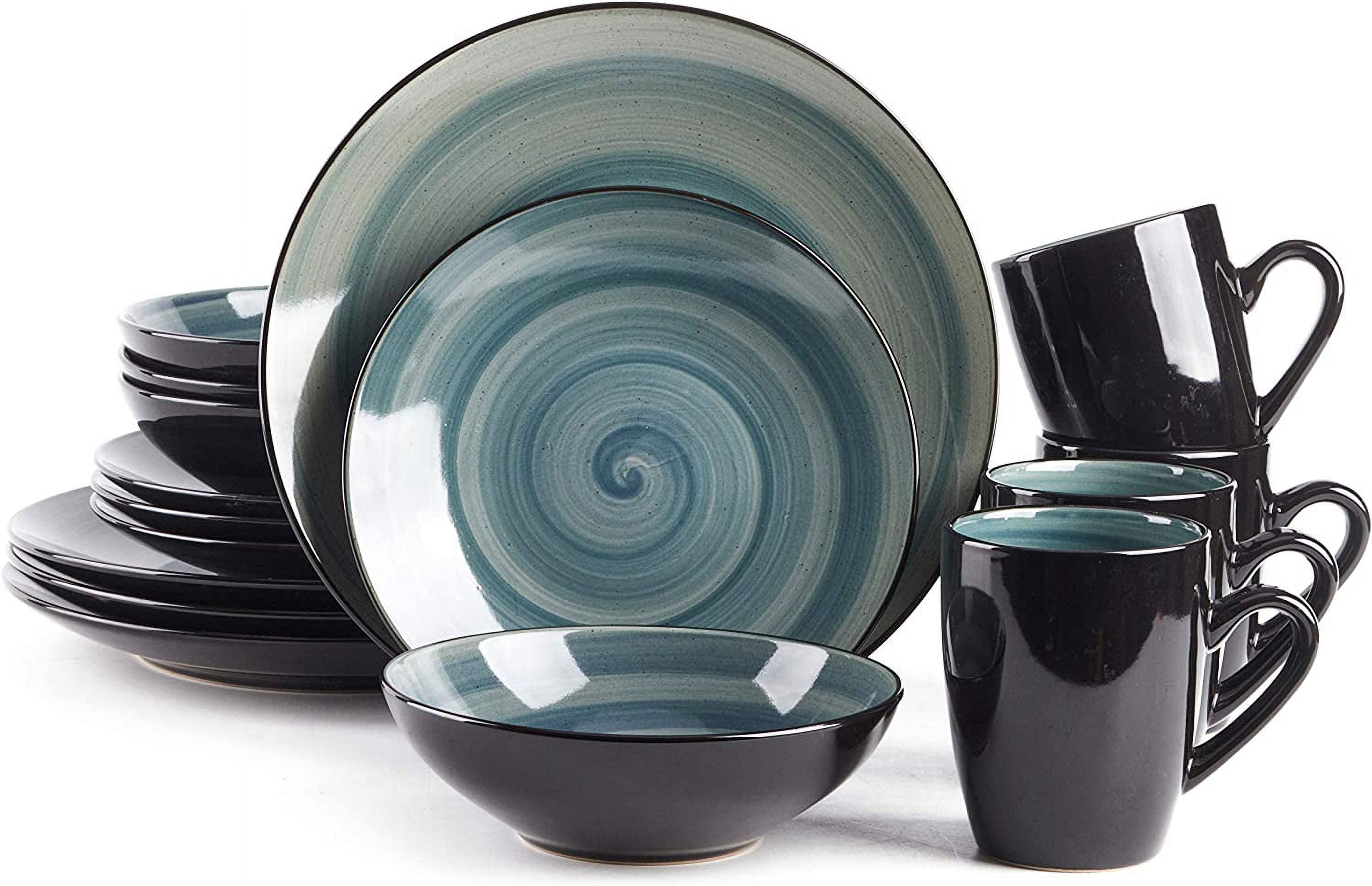 Sonoma 16 Piece Stoneware Dinner Set, Outside Black + Inside Handpainted Color Blue