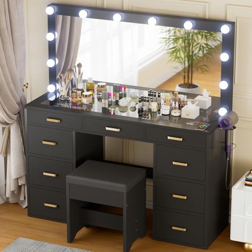 White Vanity Desk Set with Mirror and Lights, 47" Glass Top Vanity with 9 Drawers & Power Outlet