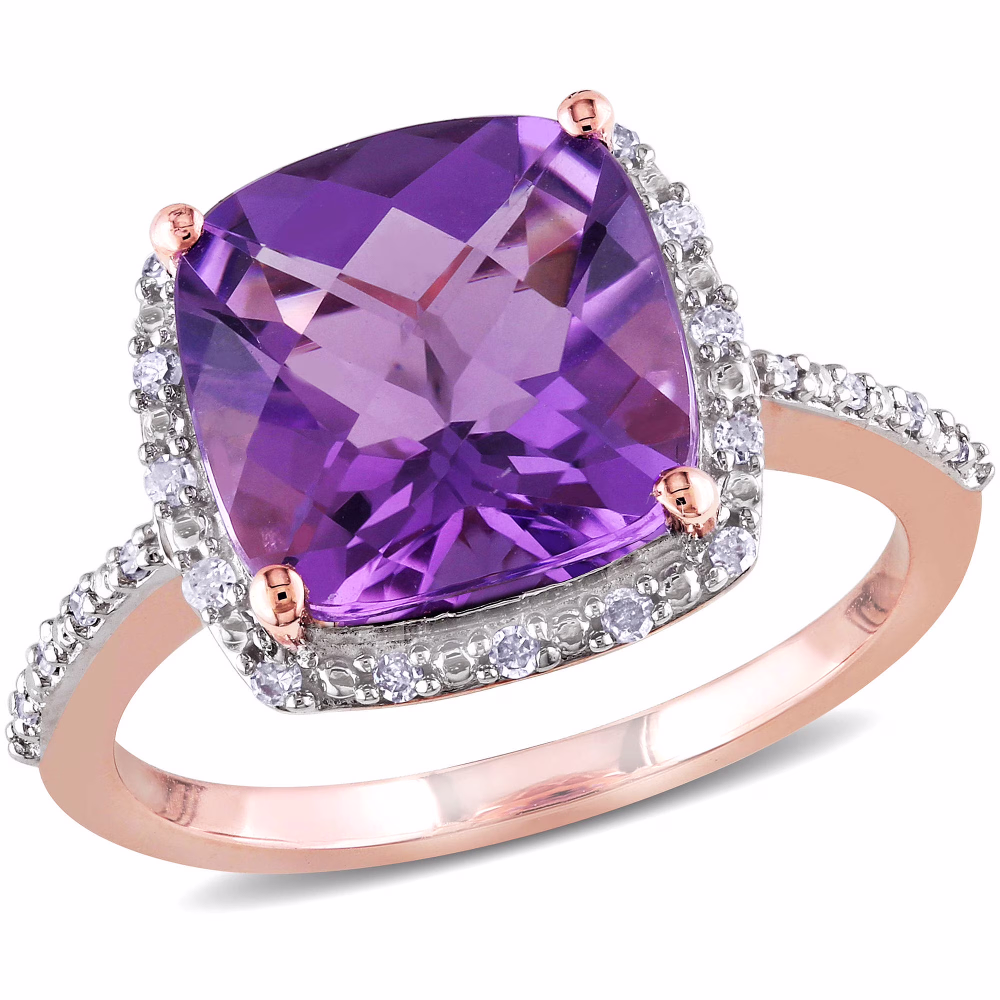 Everly Women's 3-1/2 CT T.G.W. Cushion-Cut Amethyst 1/10 CT T.W. Diamond 10kt Rose Gold Halo Ring
