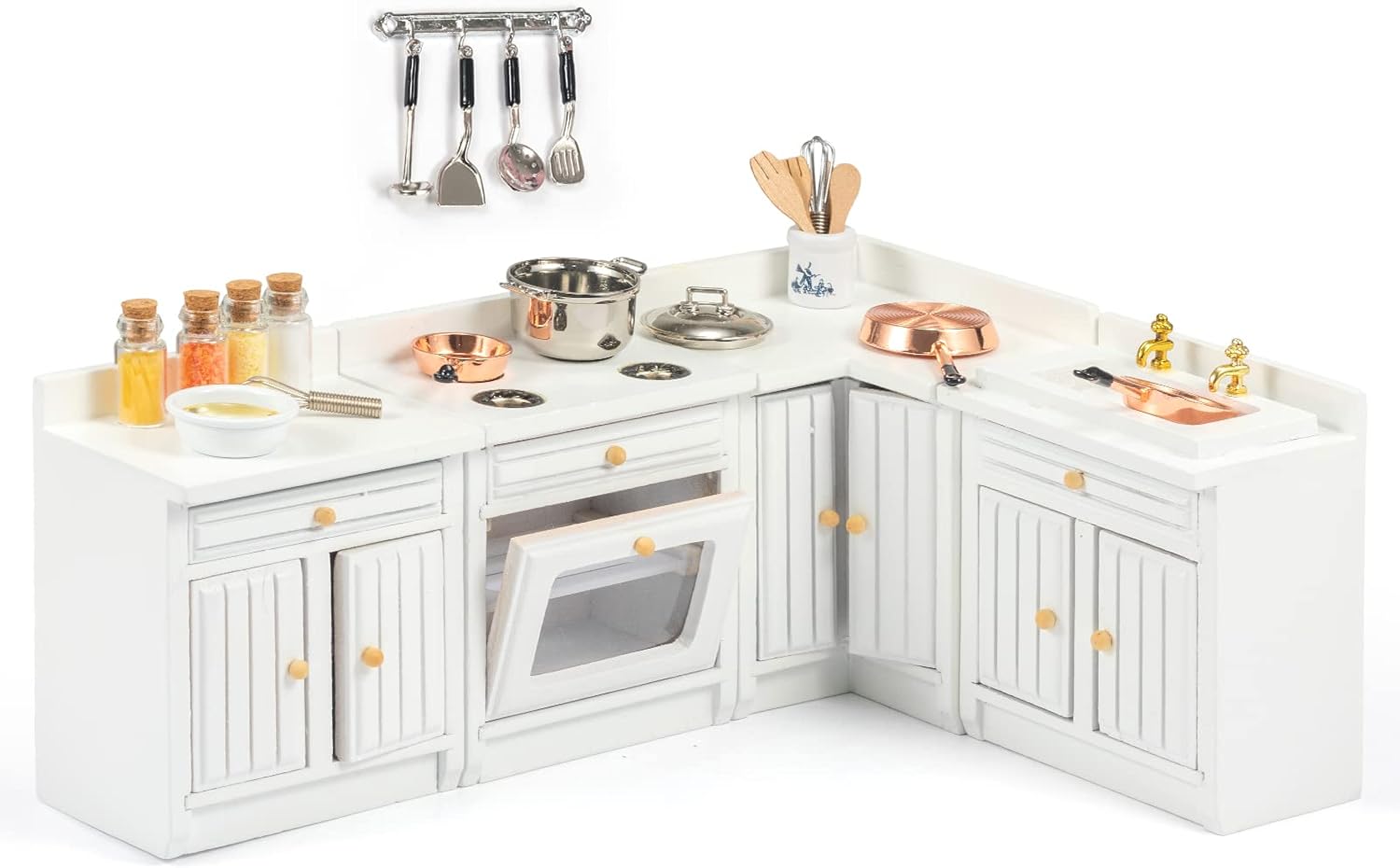 SAMCAMI Miniature Dollhouse Furniture Kitchen Set (24 Pieces) - Freely Combined Wooden Kitchen Cabinets and Other Dollhouse Accessories