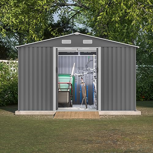 4×8 FT Outdoor Metal Storage Shed,Heavy-Duty Lean to Storage Shed with Floor Base,Garden Tool Metal Storage House W/Lockable Door and 2 Air Vents