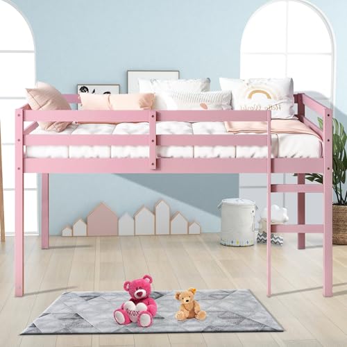 Low Loft Bed Twin Size, Kids Solid Wood Modern Loft Bed Frame with Ladder and Safety Guardrail for Girls Boys, Noise-Free,Non-Toxic Finishes