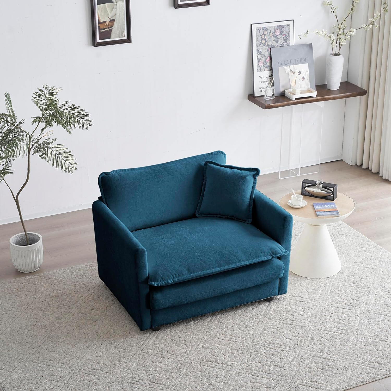 Modern Chenille Upholstered Oversized Chairs for Living Room, Minimalist Comfy Deep Seat Armchair with Removable Cushion Backrest