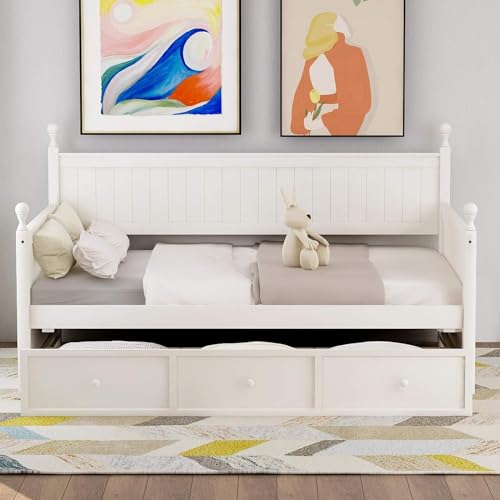 Twin Daybed with Storage Drawers Wood Day Bed Frame Compatible with Living Room Bedroom Dual-use Sofa Beds Compatible with Kids Guests Sleepovers