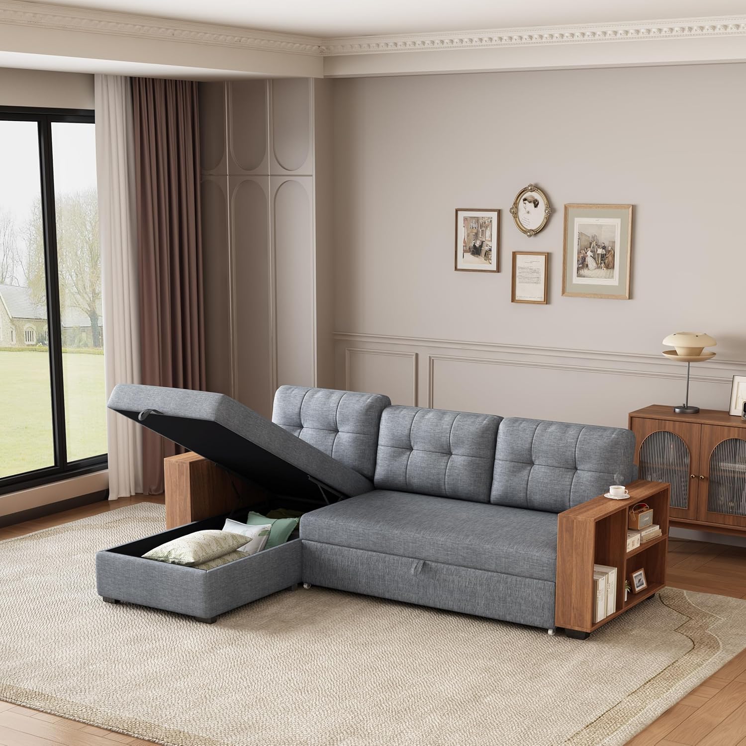 84" Convertible L Shaped Sectional Sleeper Sofa with Storage Chaise & Cabinet Armrest