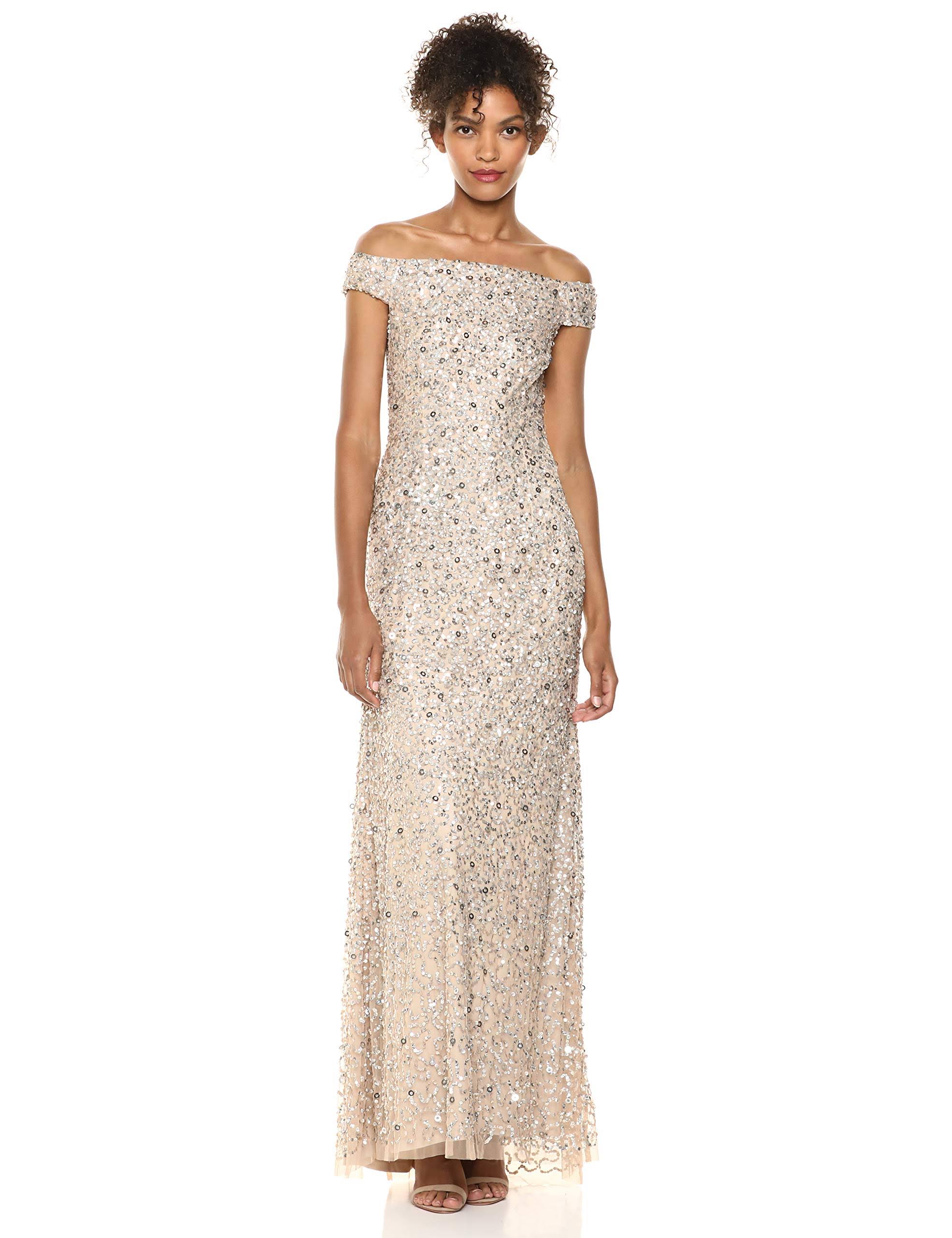 Adrianna Papell Off-The-Shoulder Crunchy Beaded Gown - 8