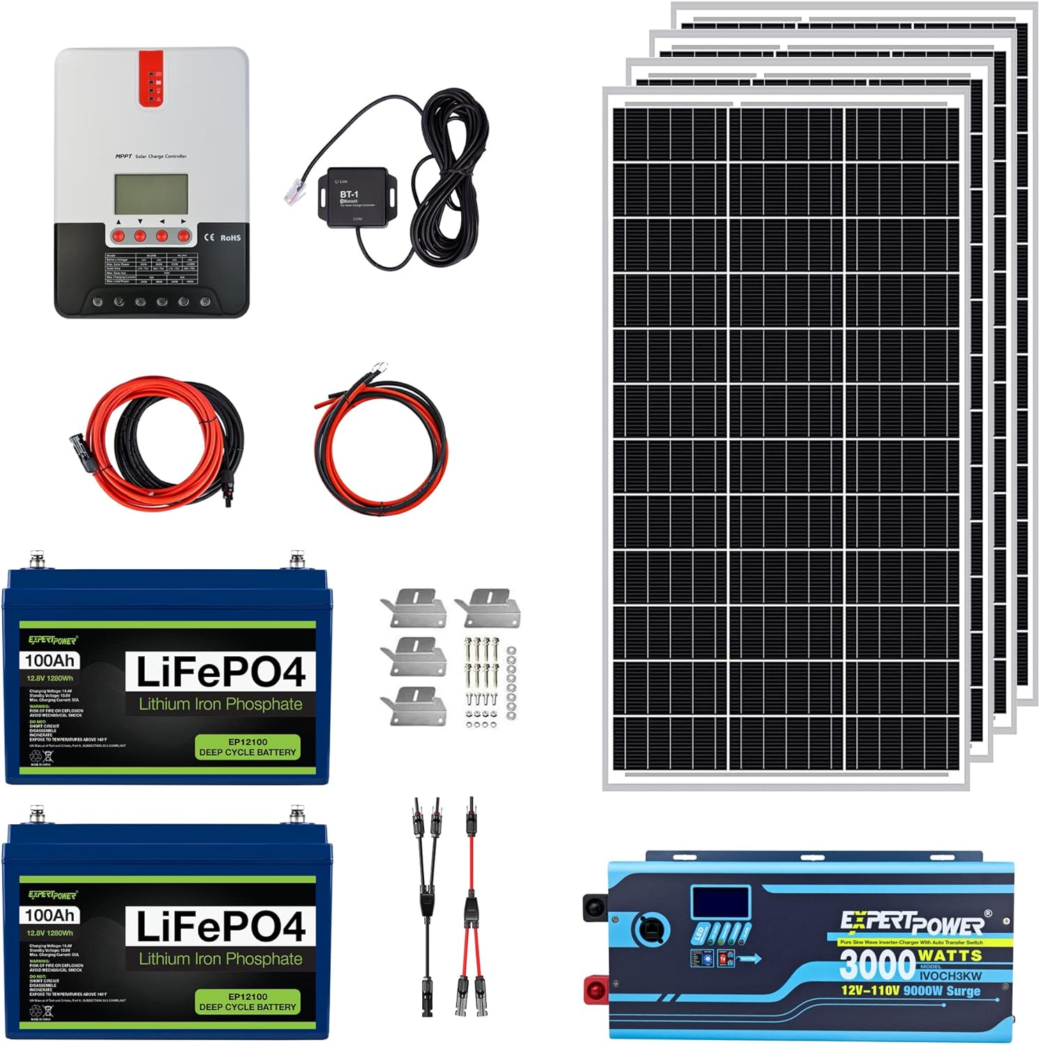 ExpertPower 2.5KWH 12V Solar Power Kit | LiFePO4 12V 100Ah, 400W Mono Solar Panels, 30A MPPT Solar Charge Controller