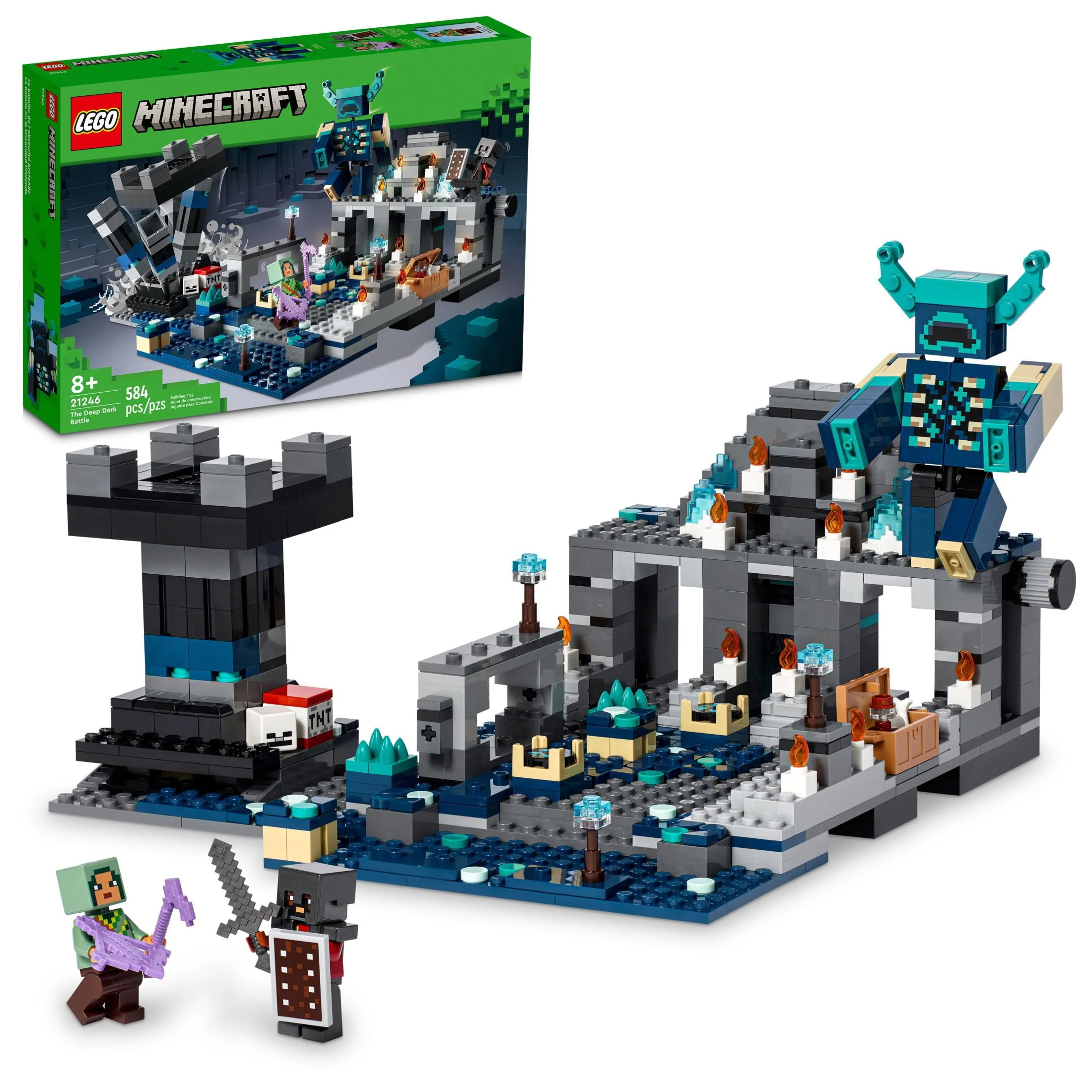 LEGO Minecraft The Deep Dark Battle Set, 21246 Biome Adventure Toy, Ancient City with Warden Figure, Exploding Tower & Treasure Chest