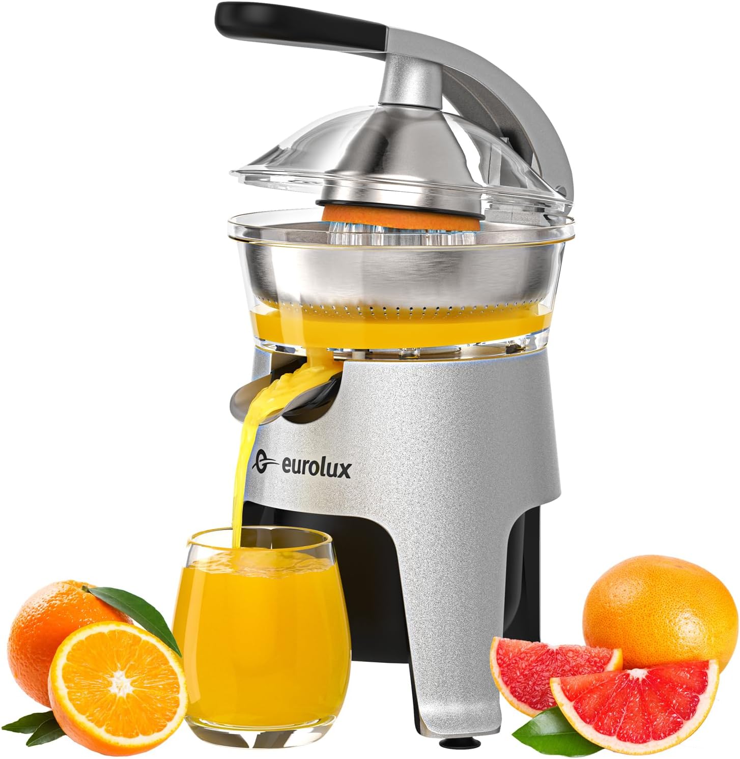 Eurolux Die Cast Stainless Steel Electric Citrus Juicer Squeezer, for Orange, Lemon, Grapefruit | 300 Watts of Power