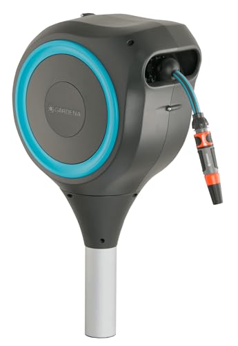 GARDENA (18604-80) 50' x 1/2" Automatic Retractable Garden Hose Reel for Outside Use on Metal Spike With Easy Swivel for Simple Watering of Gardens