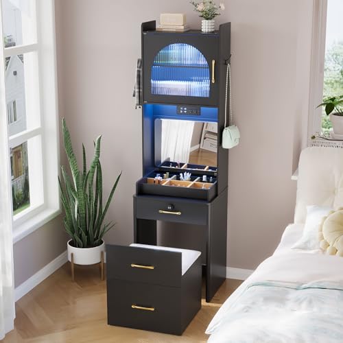 NUNU LAB 42 Inchs Large Vanity Desk with Mirror and Lights with 6 Drawers and 4 Cabinets, Big Women Makeup Table with Power Outlet