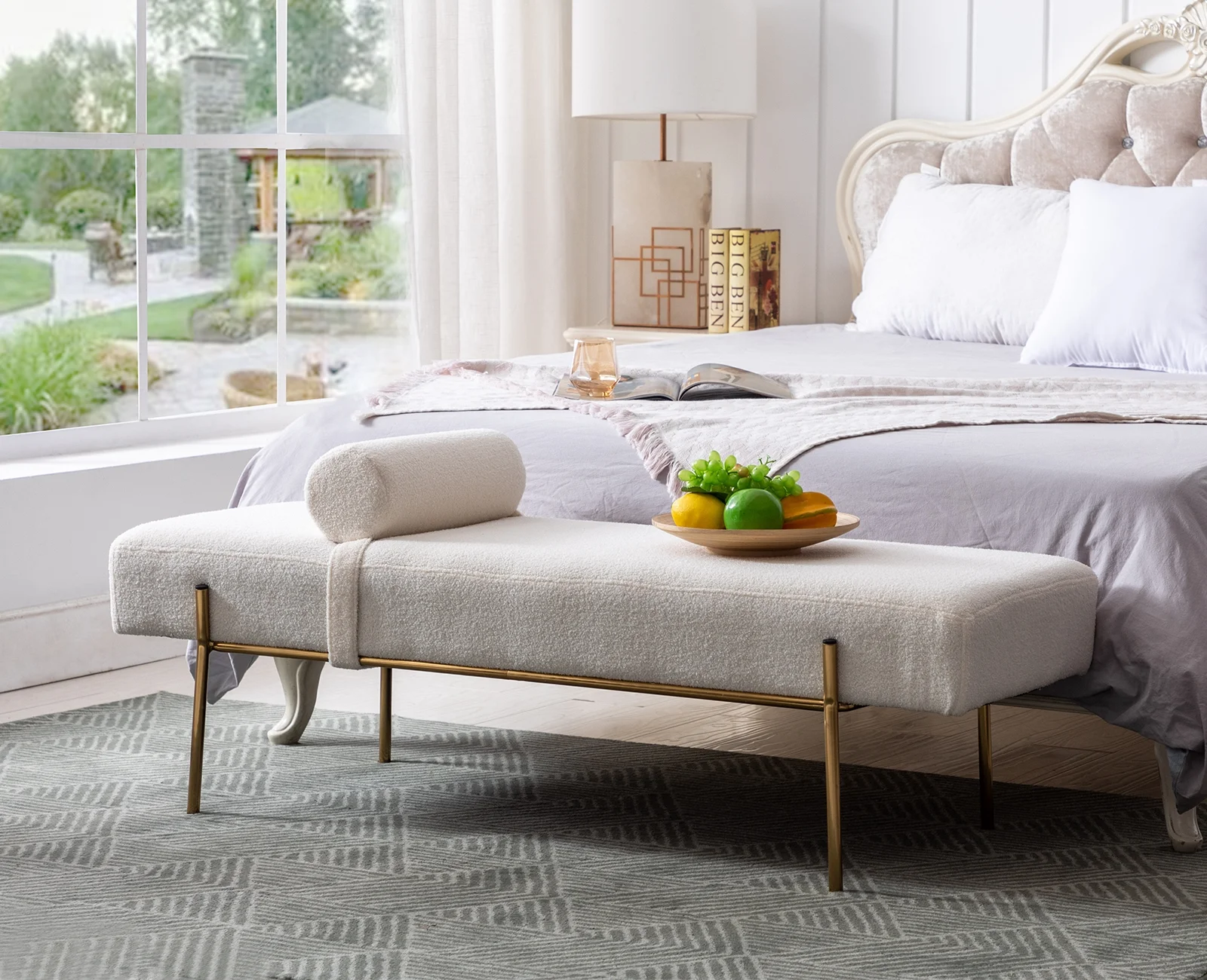 55" White End of Bed Bench, Modern Faux Fur Upholstered Ottoman Bench Seat with Gold Legs