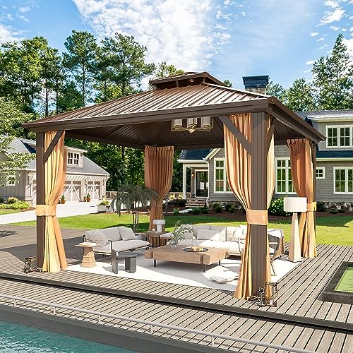 MELLCOM 10'x13' Hardtop Gazebo with Polycarbonate Double Roof, Aluminum Frame Outdoor Gazebo Permanent Pavilion with Curtains and Netting for Patio