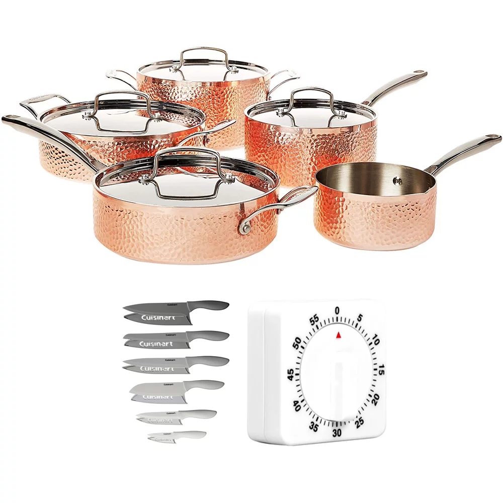 Cuisinart HCTP-9 Hammered Collection 9-Piece Cookware Set Copper Bundle with Cuisinart Advantage 12-Piece Gray Knife Set with Blade Guards and Deco