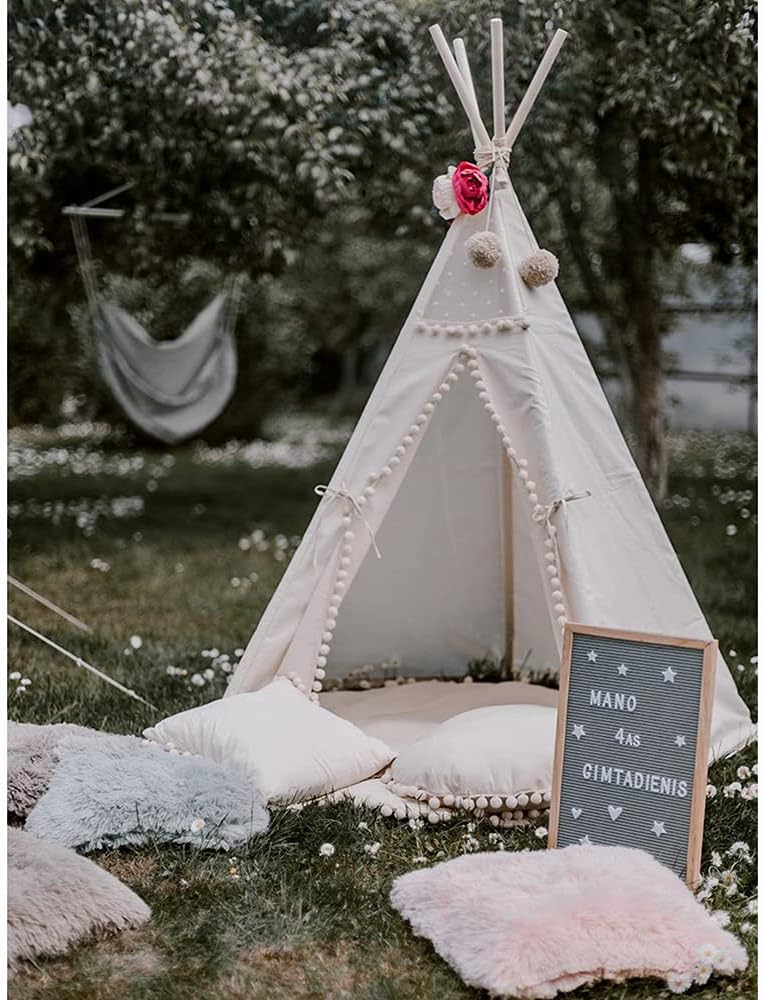 RONG FA Kids Teepee Tent- Foldable Teepee Play Tent for Boys and Girls, Indoor/Outdoor Cotton Canvas Tent (Lace White Pompom)