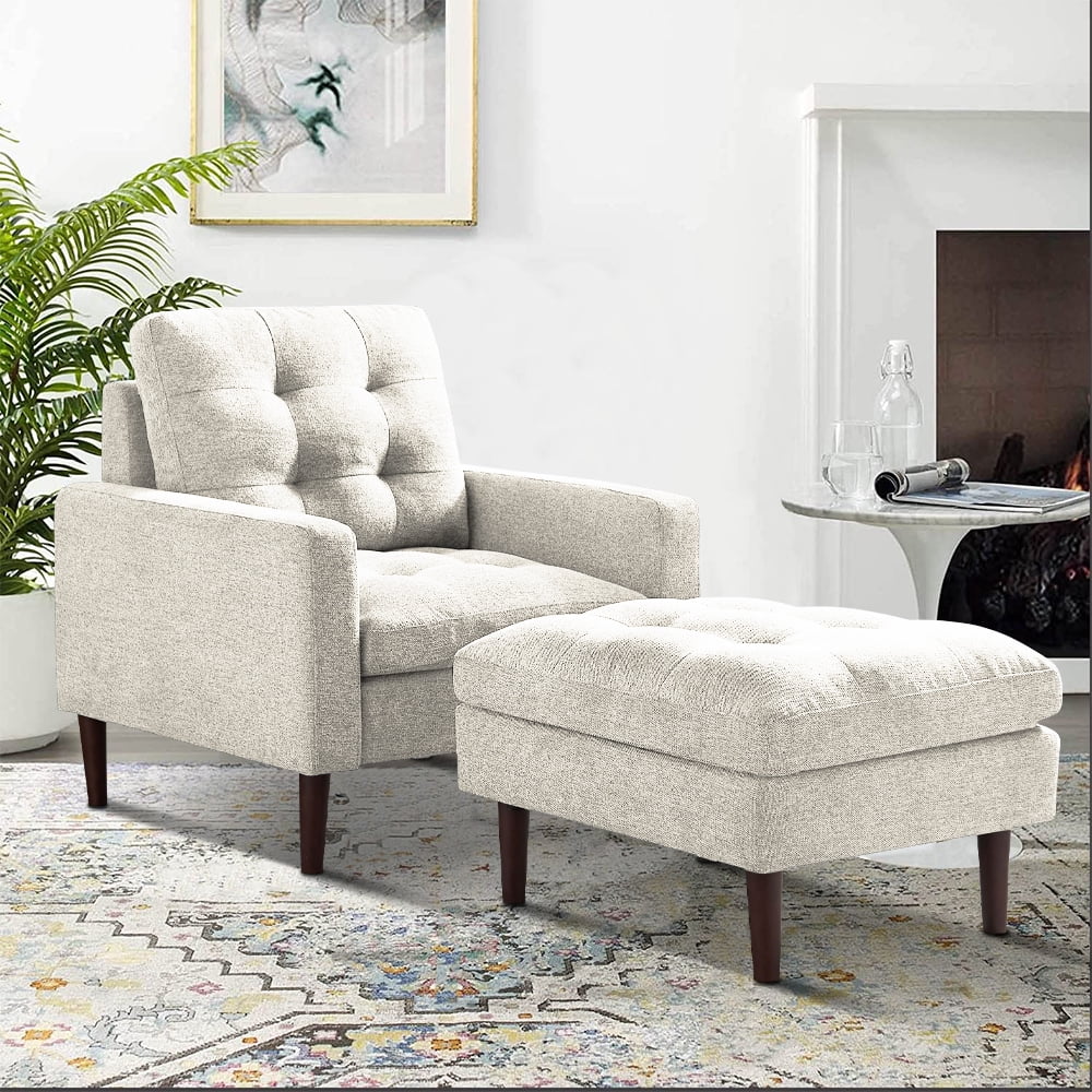 Accent Chair with Ottoman, Modern Fabric Single Sofa Chair, Upholstered Accent Arm Chair with Solid Wood Legs