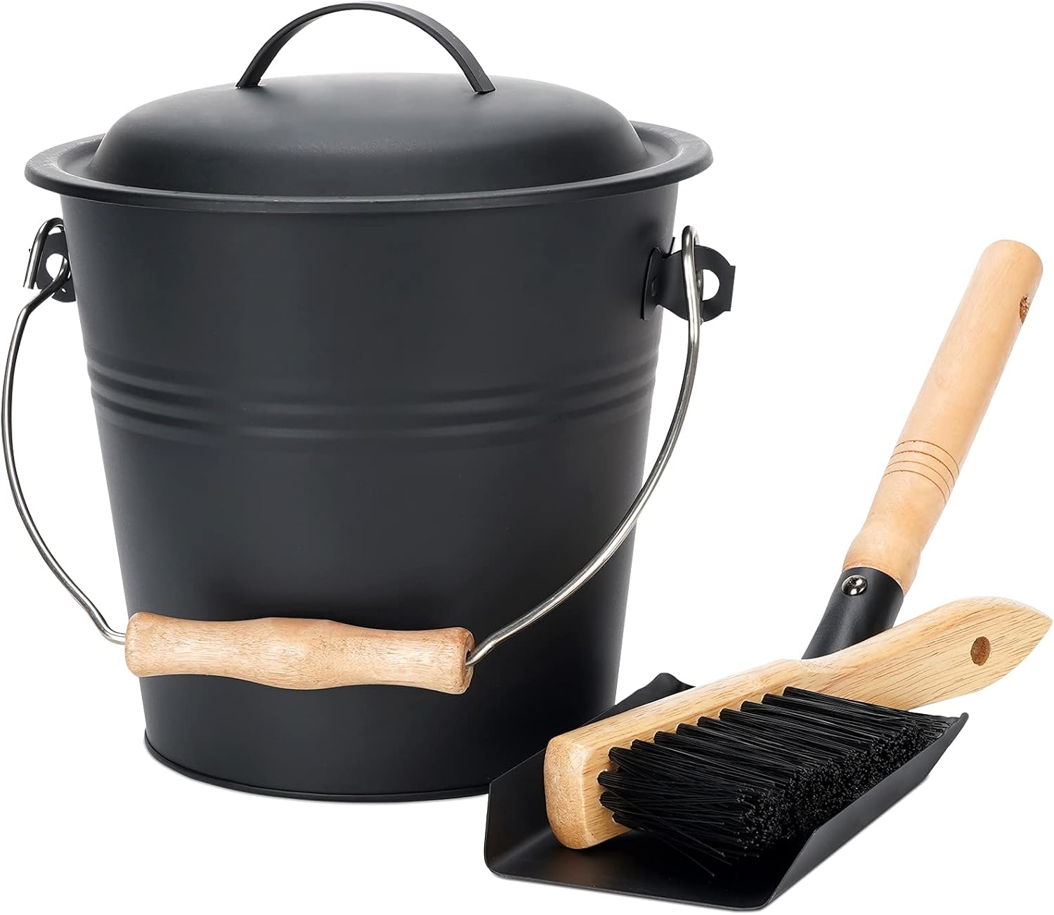 Mini Ash Bucket with Lid, 1.5-Gallon Pail with Shovel and Hand Broom, Metal Bucket Coal and Ash Carrier, Wood Pellet Storage Container